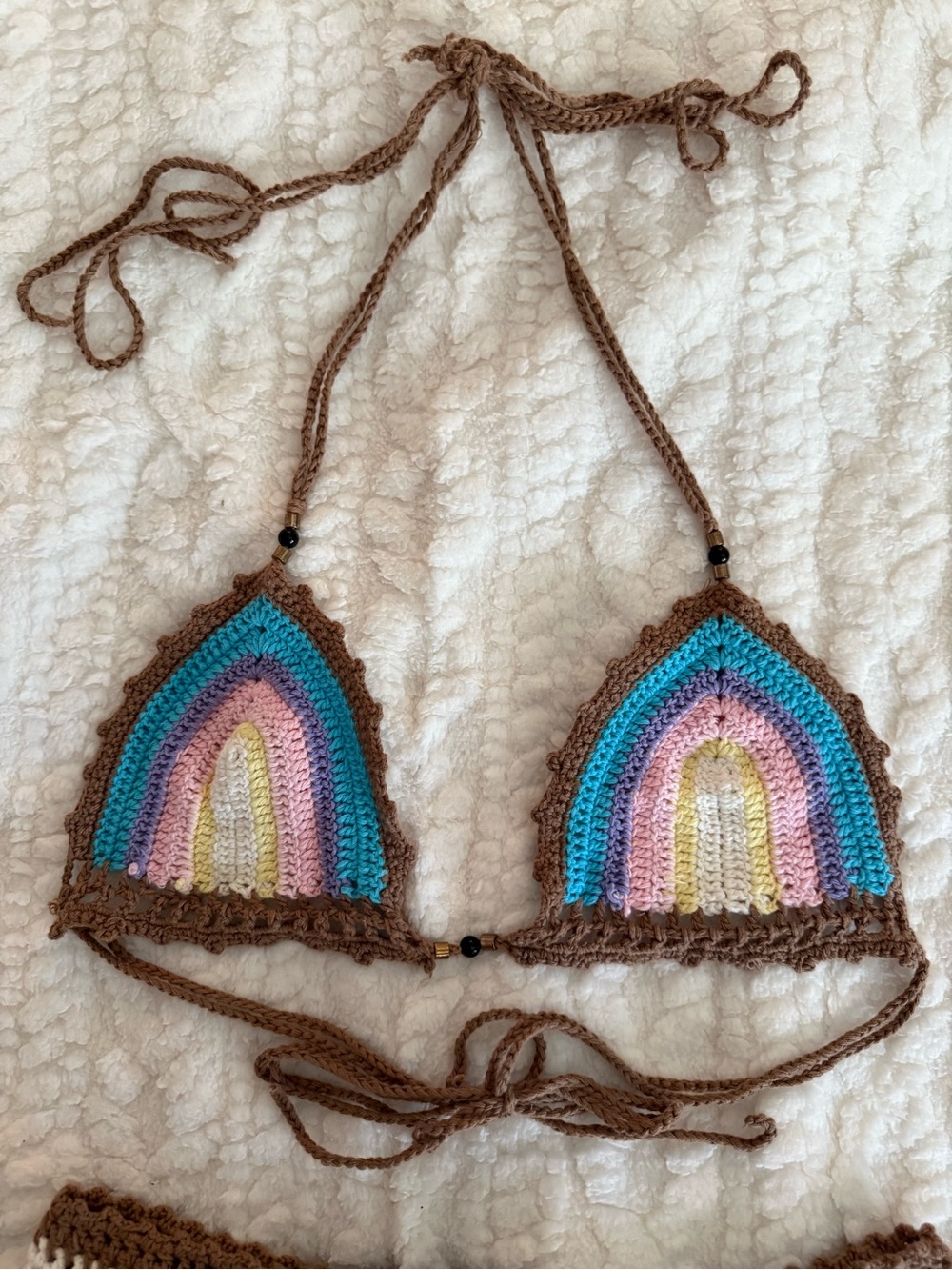 Brown Crochet Rainbow-Trim Bikini Set - Picture 2 of 7